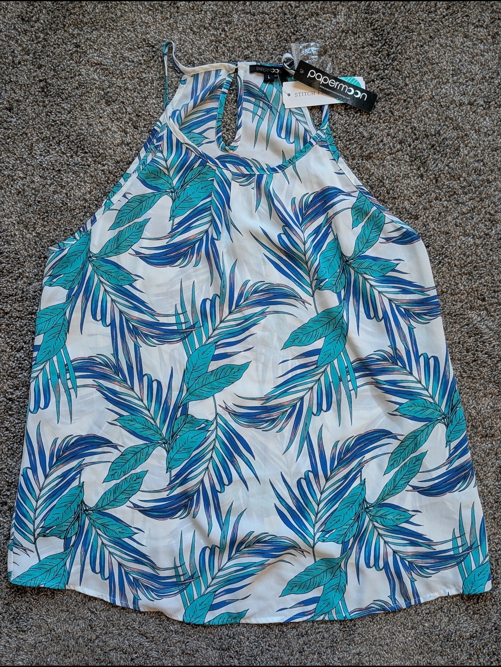 Papermoon White Halter Tank with Teal & Blue Tropical Leaves